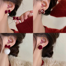 银针安可拉红色丝绒蝴蝶结珍珠款耳环小众复古耳钉秋冬高级感耳饰