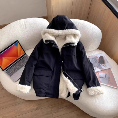 909韩系连帽羊羔毛派克棉服女冬加绒加厚小个子休闲工装棉袄外套