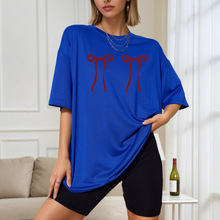 跨境欧美亚马逊大码蝴蝶结半袖T恤2025夏中长款宽松百搭t恤女现货