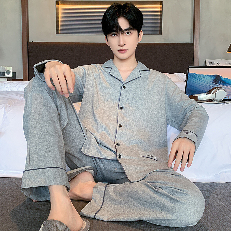 2025 新しいパジャマメンズ秋と冬の綿ルーズ長袖カーディガンラペルハイエンドホームウェアセット
