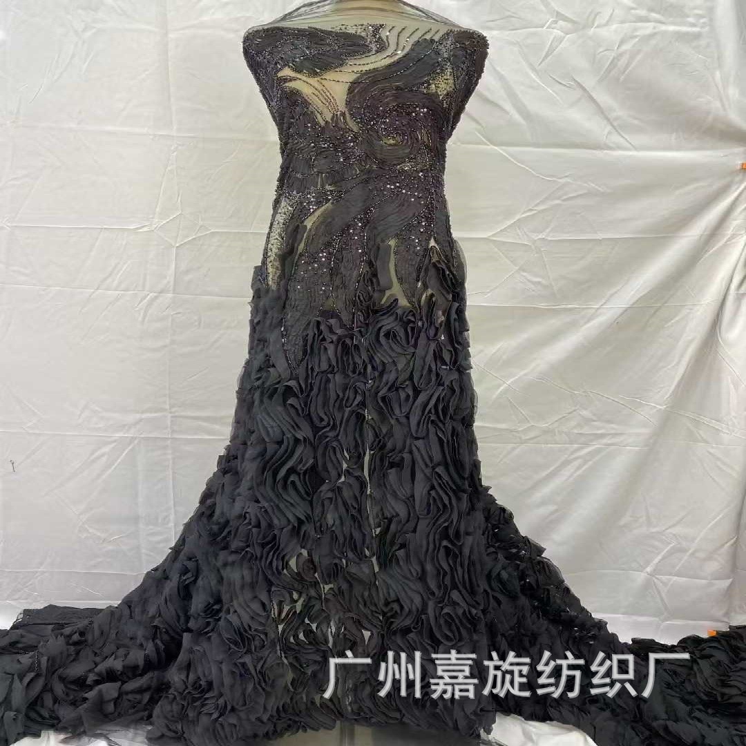 Tela bordada para vestido de novia con lentejuelas florales tridimensionales, encaje de malla transparente, estilo europeo y americano.
