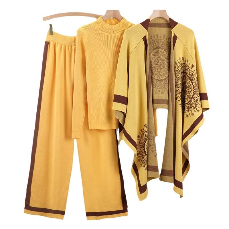 Abbigliamento donna autunno e inverno nuovo classico stile britannico grande marchio sciarpa lavorata a maglia scialle da donna scialle a doppio scopo mantello set tre pezzi_voghion.com