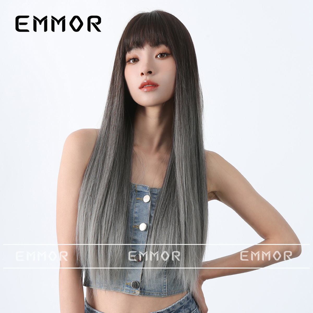 Peluca de celebridades de internet de estilo coreano cabello largo femenino flequillo de dibujos animados cabello recto puro quiere mostrar el color del cabello blanco simulación natural peluca cubierta de la cabeza