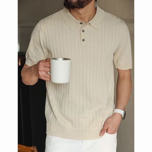 Business Casual Males' Polo Collar Short Sleeve Summer New Arrival Buttoned Fitted Knit Shirt for Cross-border Trade Wholesale