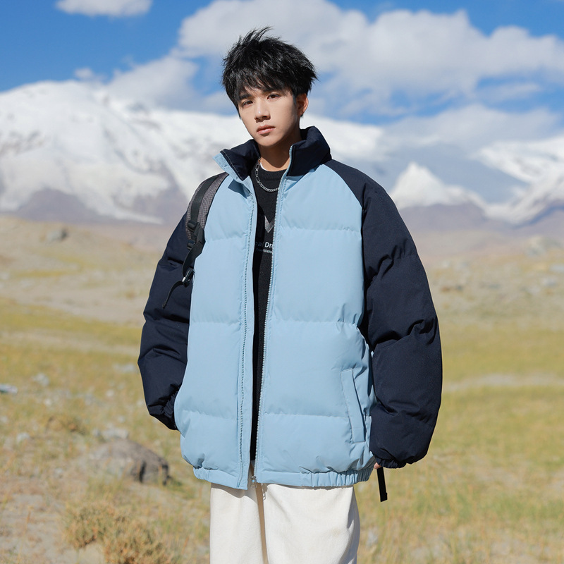Two-tone stand-up collar thickened puffer jacket for men, winter couple's style, warm casual sports cotton coat, slimming and trendy