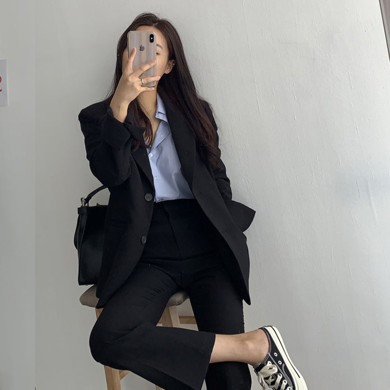 秋小西装女两粒扣休闲气质西服工作装职业装面试黑色上衣显瘦潮|undefined