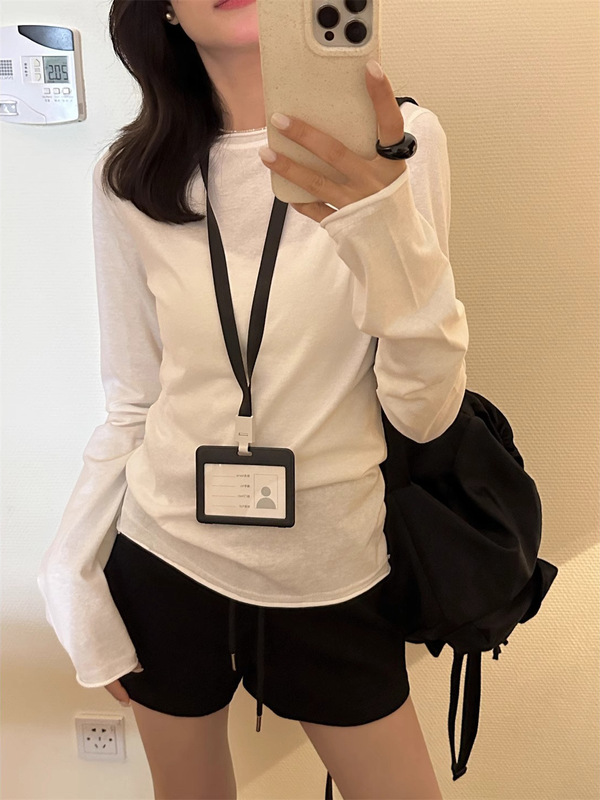 温柔紫色薄款正肩长袖T恤女春秋季内搭修身显瘦打底衫上衣防晒衫|undefined