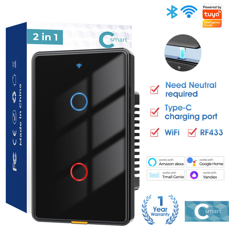 ワイヤレス wifi タッチスマートスイッチゼロファイアバージョンデュアルコントロール Tuya APP 音声タイミング壁米国標準スイッチライト|undefined
