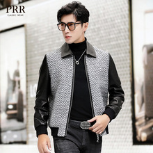羊毛呢外套男短款翻领真皮皮衣秋季新款拼接绵羊皮夹克呢子大衣潮