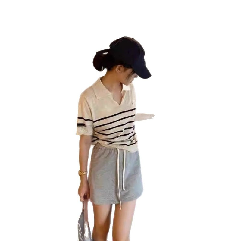 夏季POLO领T恤女藏蓝色条纹短袖人头马刺绣翻领t恤冰丝通勤|undefined