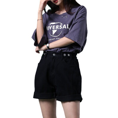 中超松紧腰调节扣短裤女宽松热裤高腰牛仔短裤女夏黑白牛仔裤女|ms