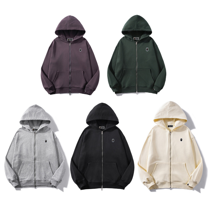 Bape Hoodie Autumn and Winter Terry Ape Head Small Label Embroider Loose Versatile Zipper Hooded Sweatshirt Cardigan Jacket Trendy