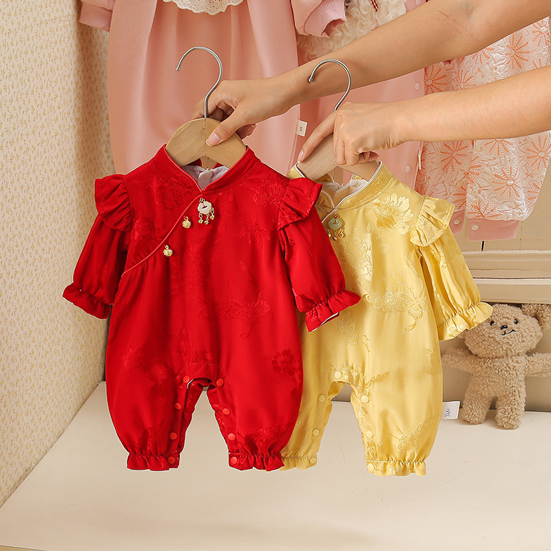 Baby Double-Layer Rayon Cheongsam New Style Newborn Chinese-Style Spring Toddler Clothes Romper for Going Out Full Month Celebration
