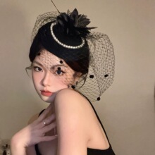 黑色赫本风小礼帽女秋冬高端夜上海复古旗袍头饰民国面纱年会礼服