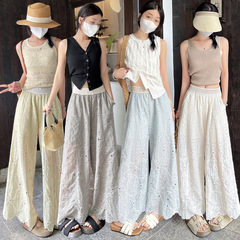 女性用の重厚な刺繍と花柄の中空レースの9点パンツ、夏用の薄手で高級感のある小柄なストレートワイドパンツ