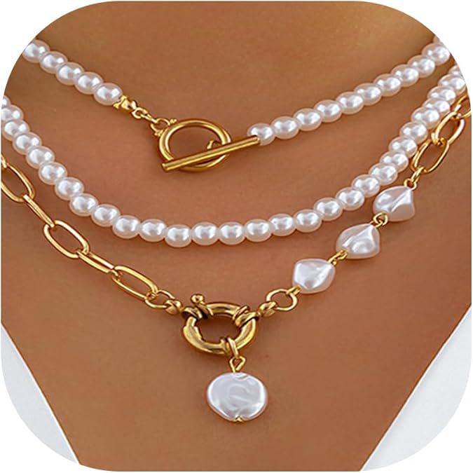 欧美跨境气质淡水珍珠铜镀14K金创意不规则三件套链条项链饰品