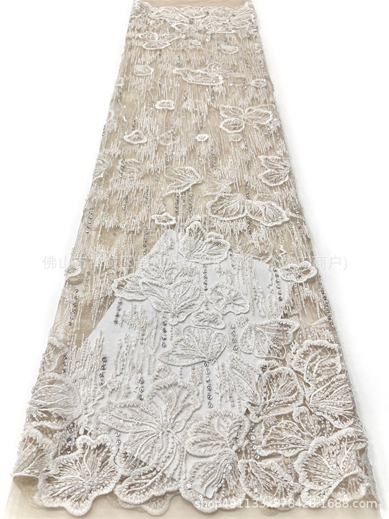 Fabricante nuevo fondo plano tubo de perlas bordado tela brillante vestido de boda vestido de cena tela de moda