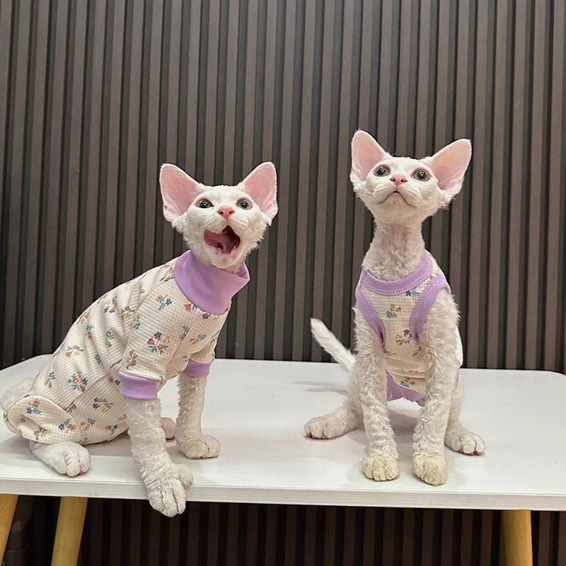 Áo vest bốn chân họa tiết hoa mùa hè dành cho thú cưng để ngăn ngừa cảm lạnh cho mèo không lông, mèo Sphynx Devon, tay ngắn nhẹ