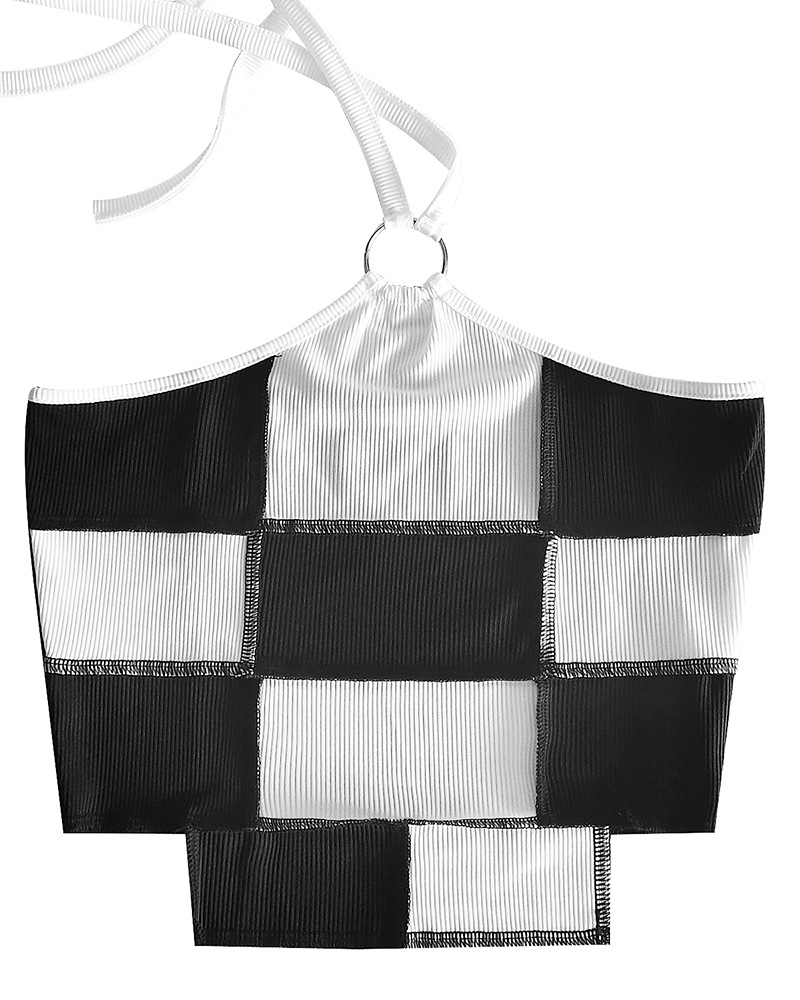 chaleco de tirantes con cuello halter a cuadros en blanco y negro NSBLS119443