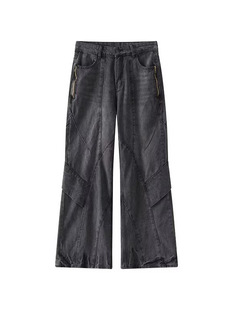 2024 New American Style Retro Retro Washed Jeans Men's High Street Design Stitching Irregular Drop Trendy