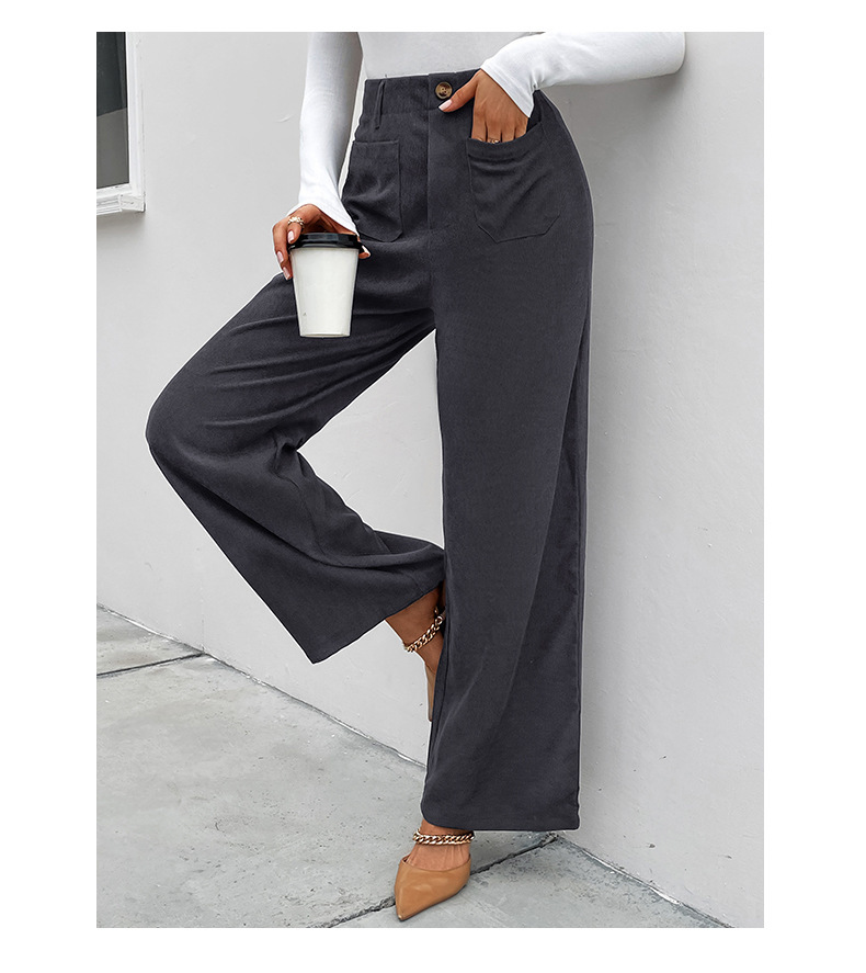 women's autumn and winter loose casual pants commuting high-waisted wide-leg pants corduroy casual button trousers_voghion.com