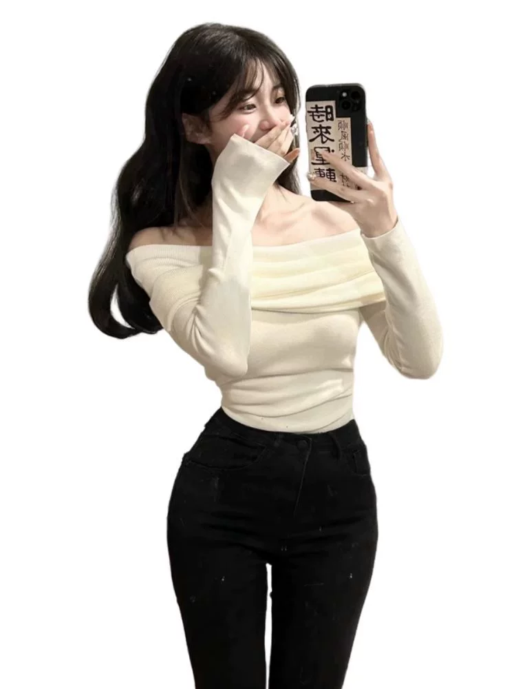 White long-sleeve, spring knitted sweater, open shoulders, 2025 years