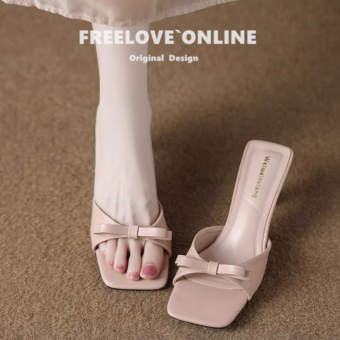 Sheepskin~High-Heeled Slippers with Bow Ties Are Super Stylish and Comfortable, Perfect for Wearing Outside in Summer with a Dress Sheepskin~High-Heeled Slippers with Bow Ties Are Super Stylish and Comfortable, Perfect for Wearing Outside in Summer with a Dress