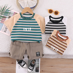 Bestselling Spring and Summer Kids' Set 2024 Striped T-shirt and Shorts Two-Piece Set for Boys Wholesale