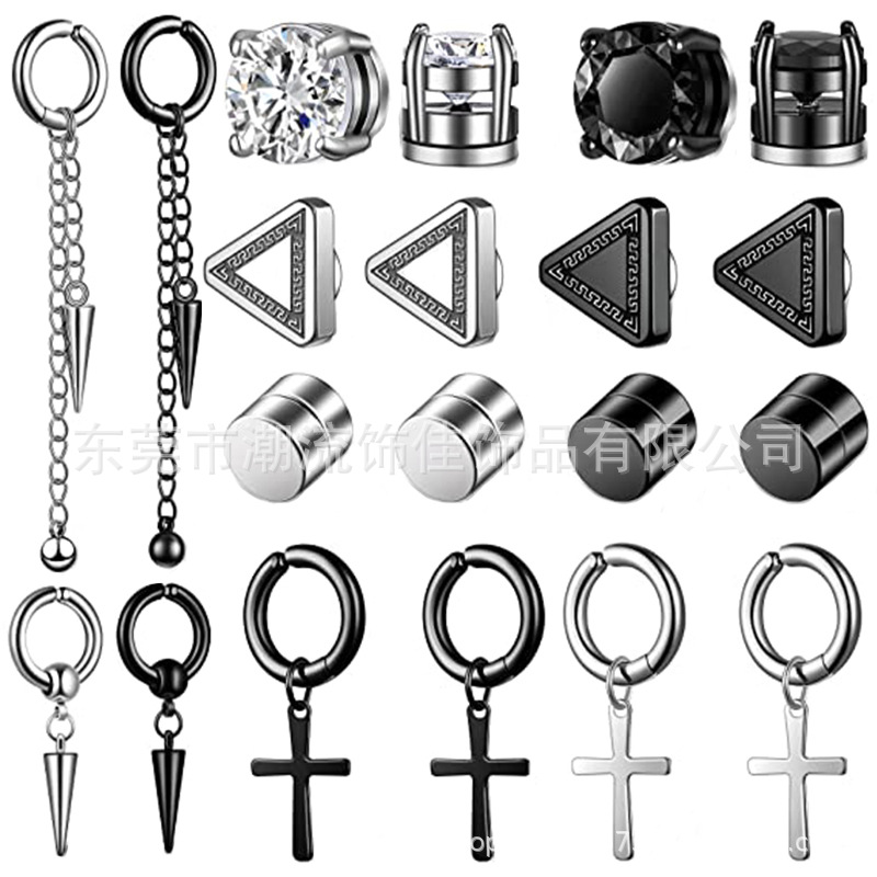 10 pares de aretes magnéticos de los hombres pendientes magnéticos de acero inoxidable pendientes no piercing cruz gota anillo imán pendientes traje