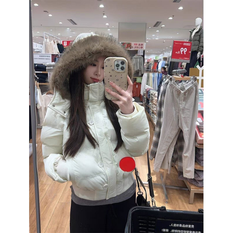 藏青可脱卸帽毛领棉服外套女2025冬季新款宽松显瘦短款羽绒棉衣|undefined