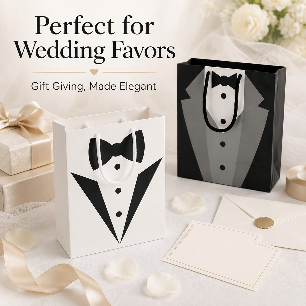 Bolso de mano con estampado de traje en blanco y negro estilo caballero, bolsa de regalo para bodas, bolsa de embalaje para regalos festivos.