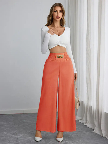 New Style Wish High-Waisted Slimming Elegant Commuting Solid Color Chain Link Wide Leg Pants for Spring and Autumn