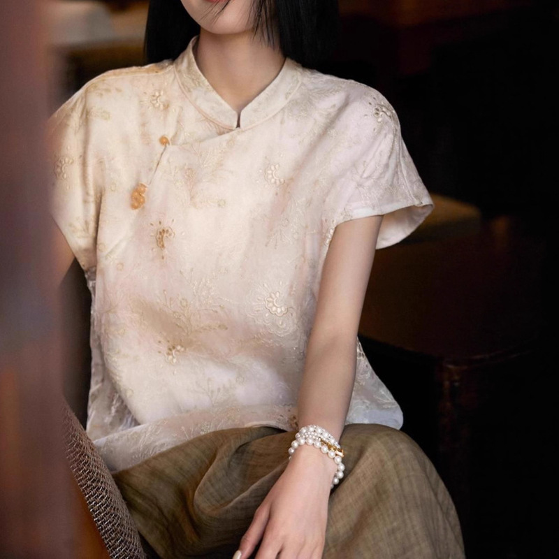 Thousand-Branch Floral Heavy Embroidery Chinese Style New Stand-Collar Silk Blouse for Women