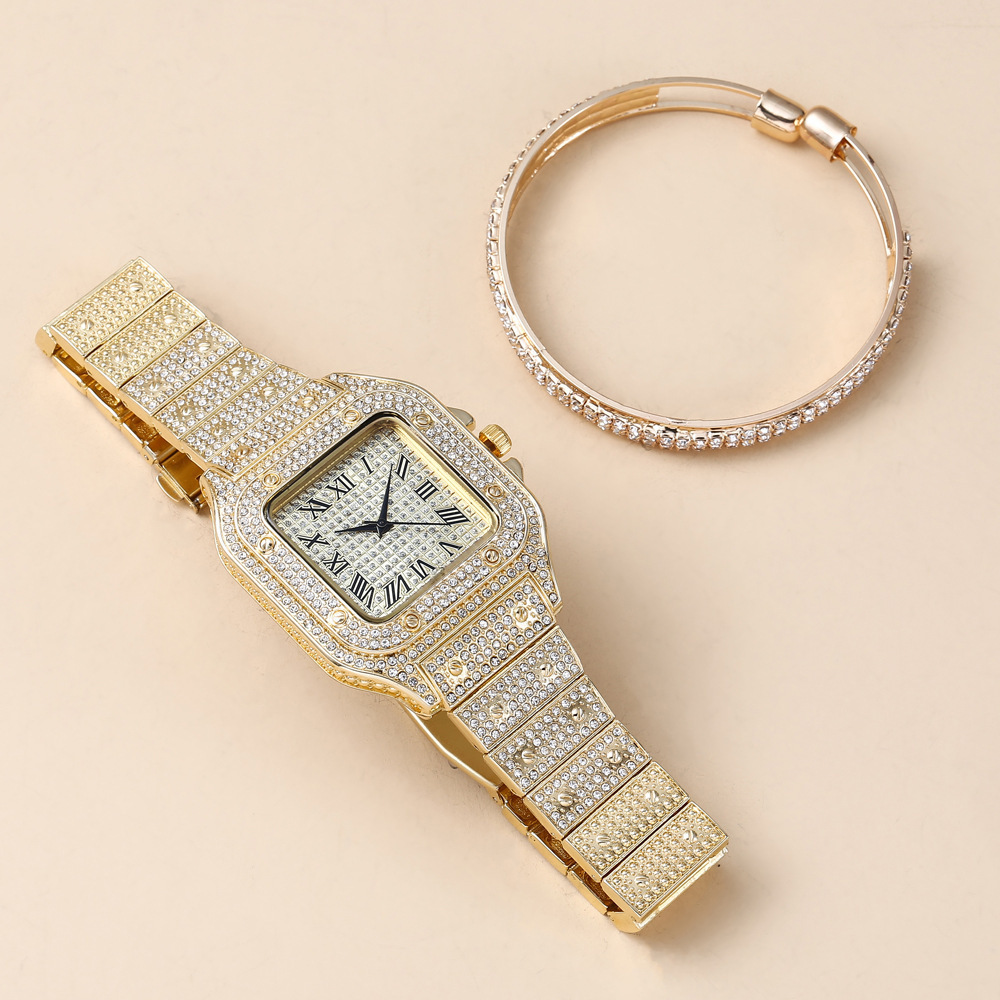 Casual trend personality square large dial full diamond steel belt quartz watch + bracelet (2pcs/set)_voghion.com