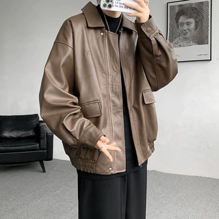 PY858美式炸街痞帅机车服皮衣外套男大码潮牌复古皮夹克高级男装