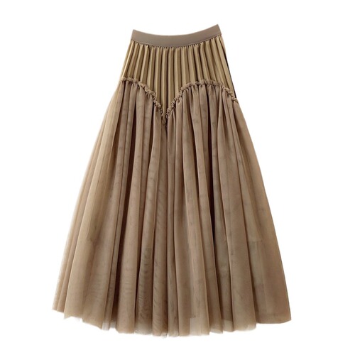 Elegant long maxi skirt with pleated design, flattering puff sleeves, French-style, lace half-body skirt for women, suitable for autumn and winter, stylish dress.