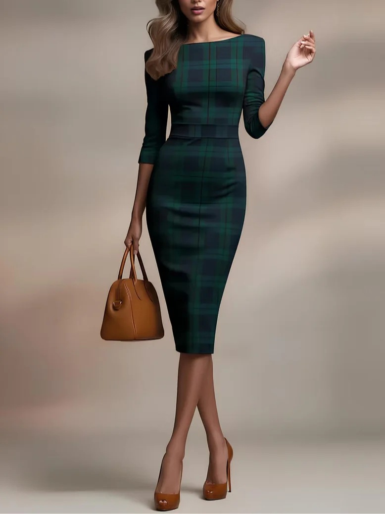 2025 European and American Women's Independent Station Amazon Autumn and Winter Three-Quarter Sleeve Digital Printed Plaid Round Neck Hip Skirt