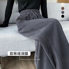 300斤秋冬新款高腰加绒阔腿裤女垂感休闲宽松裤子直筒香蕉雪尼尔