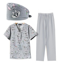 亚马逊印花护士服女V领T恤上衣裤子手术服工作服套装医护白大褂风