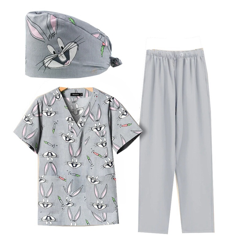 Amazon Printed Nurse Uniform Women's V-Neck T-Shirt Top and Pants Surgical Gown Workwear Set Medical White Coat Style