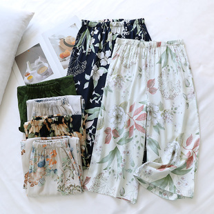 Women's Summer Thin Cotton Silk Pajama Pants with Side Pockets, Loose Wide-Leg Pants Suitable for Middle-Aged and Elderly, Can Be Worn Outside, Home Cropped Pants