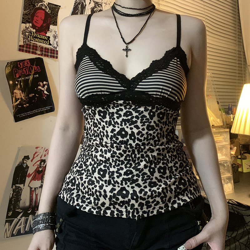 European and American Retro Leopard Print Splicing Lace Small Suspender Sexy Vest Sexy Design Breast-Shaped Low-Neck Slim Top