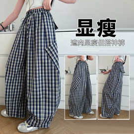 Forever 21美式黑色格子裤女夏季新款低腰宽松垂感弯刀休闲阔腿裤