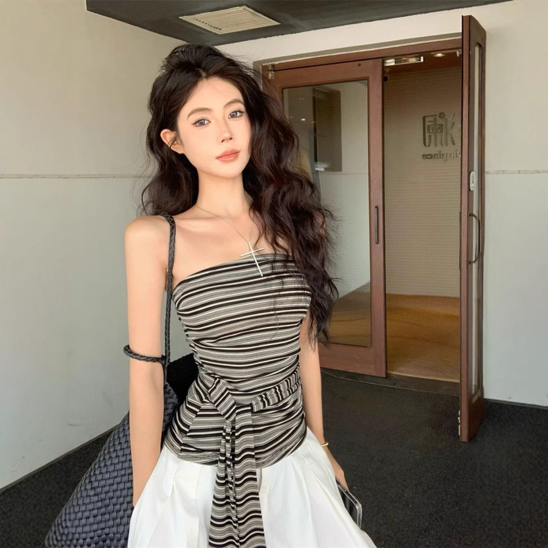 Retro Contrast Striped Backless Tube Top Women's Summer Strappy Slim Sleeveless Outer Wear Design Hot Girl Top