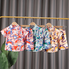 0-4 years old children's suit summer boys' short-sleeved shirts with full print Chinese style shirts T-shirt shorts two-piece wholesale set