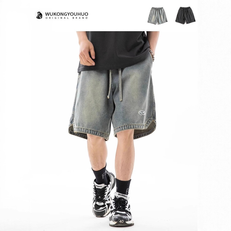 New Summer Style Vintage Washed Workwear Denim Shorts for Men, Trendy Brand Embroidered Japanese Casual Loose Drawstring Cotton