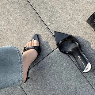 Close your eyes and enter ~ ~ popular this year! Internet Trendy Fashionable Leg Long High Heels Pointed Toe Open-Toe Thin Heel Sliding Sandals