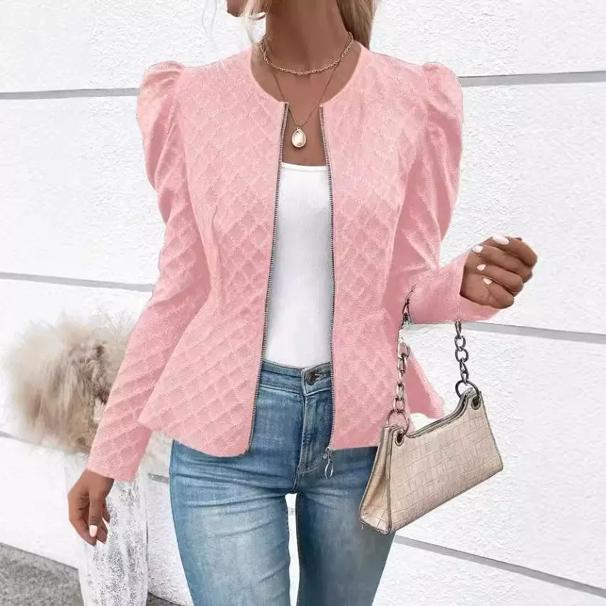 欧美跨境2025亚马逊时尚女装秋季新款提花纹理拉链长袖夹克女外套