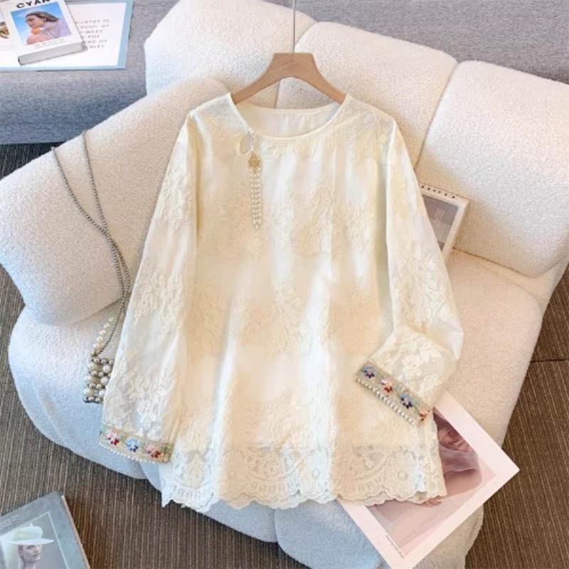 New Chinese Style Lace Embroidery Shirt for Women 2025 Spring Chinese Style Heavy Beaded Pendant Round Neck Shirt Top