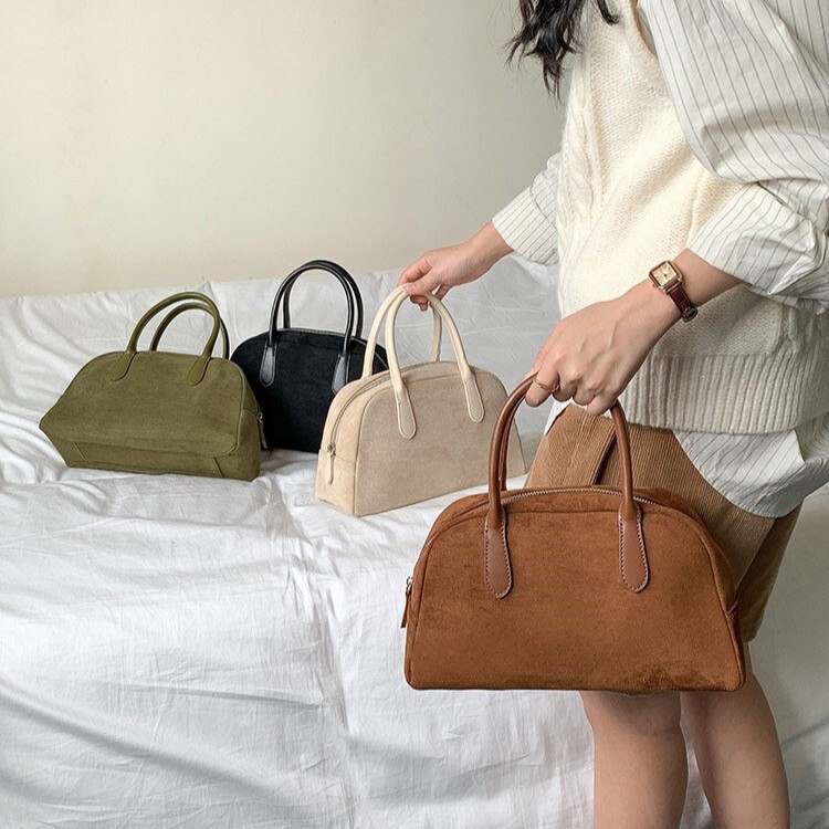 Bowling Bag Women's New Boston Handbag Women's Large Capacity Maillard Retro Suede Pillow Bag